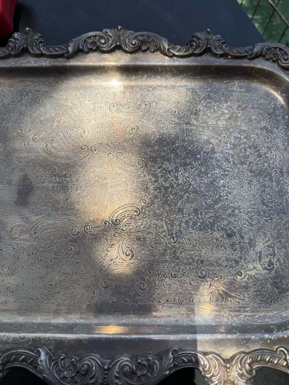 VNTG Ornate Silver Plated Footed Etched Butler Tray Handles L 24” W 10” Heavy - Picture 4 of 11